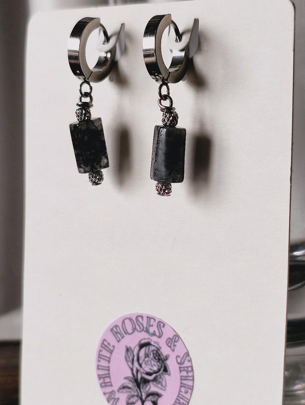 Black Rutilated Quartz Huggie Hoop Earrings Stainless Steel